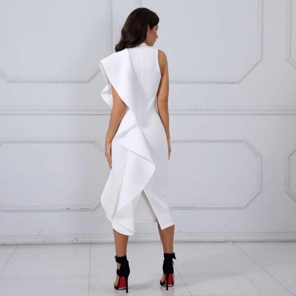 Flounce Detail White Pencil Dress - Picture 3 of 8